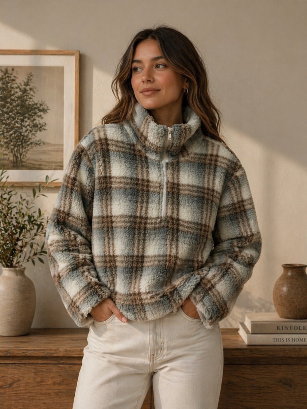 Plaid Sherpa Cowl Neck Pullover Sweater - Blue & Brown